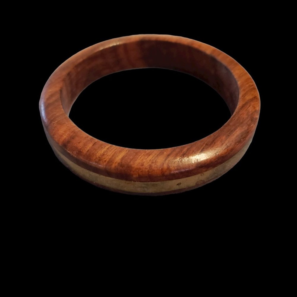Vintage Wood Bangle Bracelet with Brass Inlay Band Natural - Picture 4 of 4